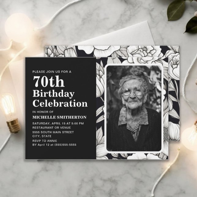 Black White Flowers Photo 70:e födelsedagen Inbjudningar (Black and white floral 70th birthday photo invitation)