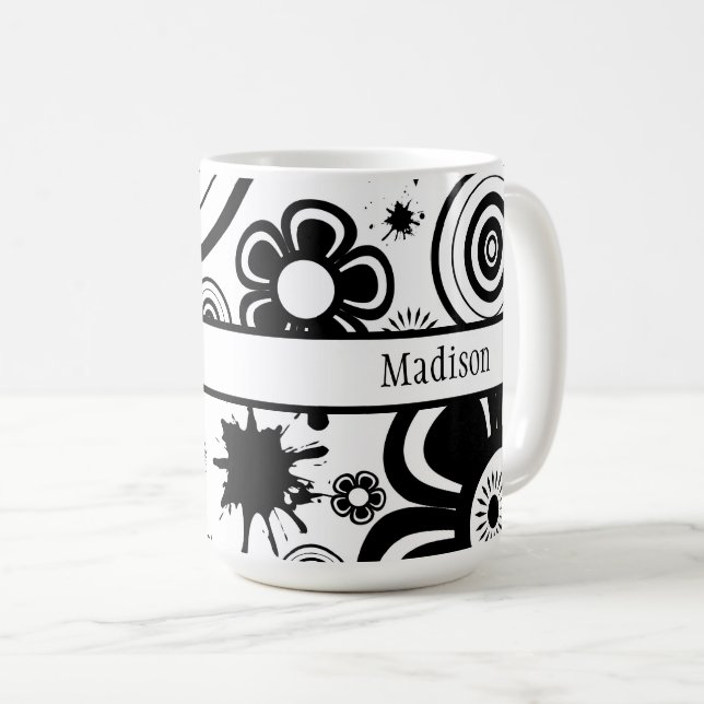 Black & White Flowers, Ringar, Stänk Mönster Kaffemugg (Framsida höger)