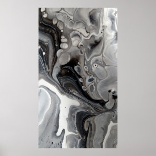 Black White Fluid Marble Abstrakt Grått Silver Poster