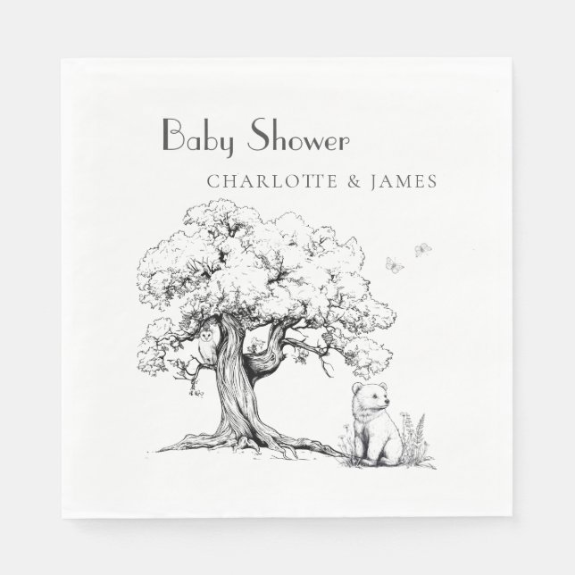 Black & White Forest Bear Baby Shower Pappersservett (Framsidan)