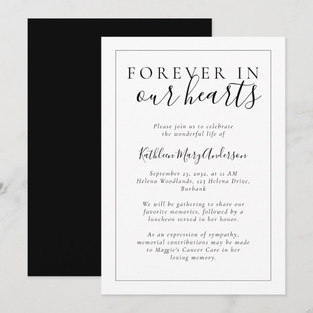 Black White Forever i våra hjärtan | Memorial Inbjudningar (Fram/baksida)