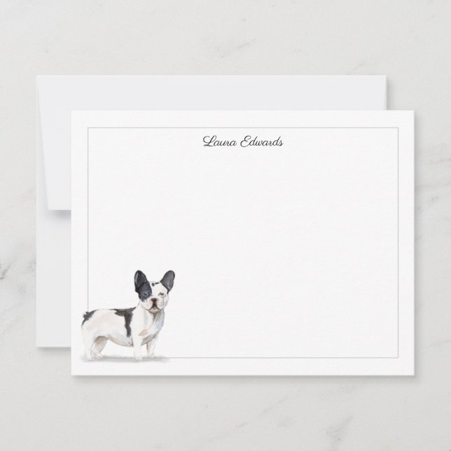 Black White Fransk Bulldog Grått Gräns Stationery Anteckningskort (Framsida)