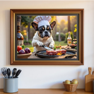 Black White Fransk Bulldog Grill Chef Poster