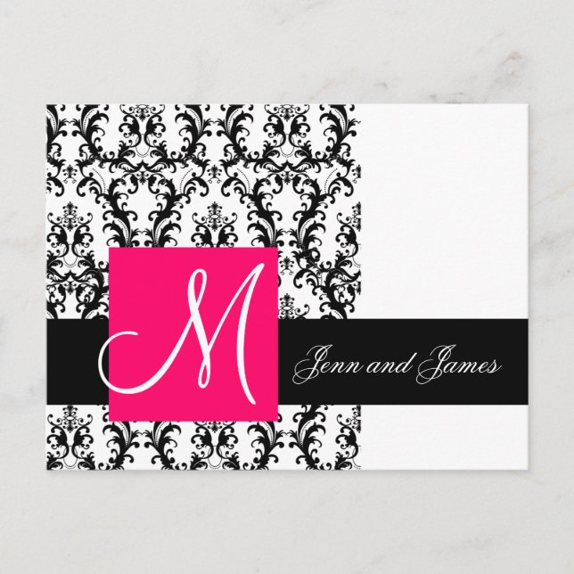 Black White Fuchsia Damask Wedding annons Meddelande Vykort (Framsida)