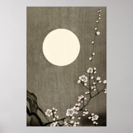 Black White Full Moon Cherry Blommar Art Poster