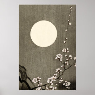 Black White Full Moon Cherry Blommar Art Poster