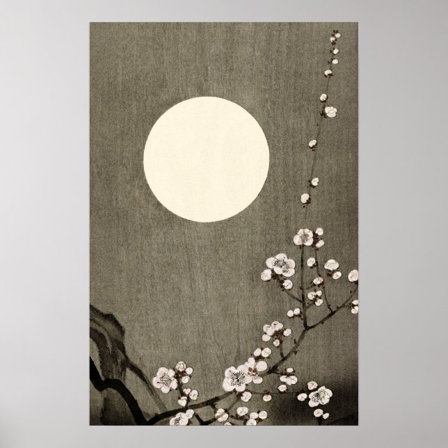 Black White Full Moon Cherry Blommar Art Poster (Framsidan)