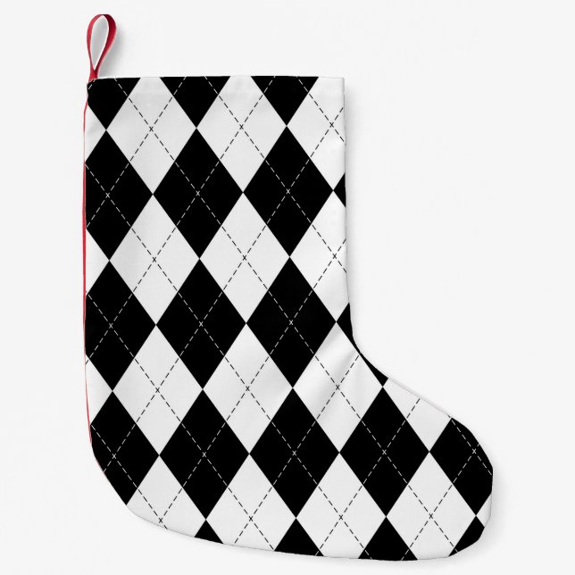 Black White Geometric Argyle Mönster Liten Julstrumpa (Framsidan)