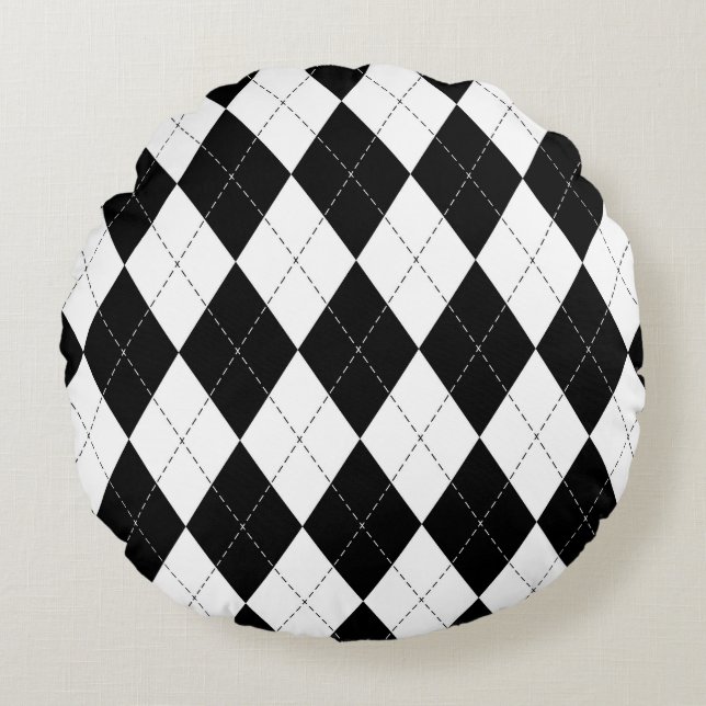 Black White Geometric Argyle Mönster Rund Kudde (Framsidan)