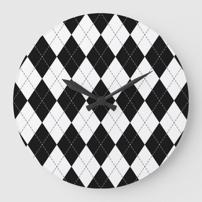 Black White Geometric Argyle Mönster Stor Klocka (Framsida)