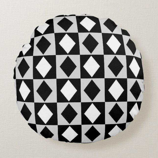 Black White Geometric Rhombus Diamond Rund Kudde (Framsidan)