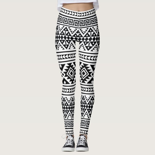 Black White Geometric Tribal Pattern Aztec Boho Leggings (Framsida)
