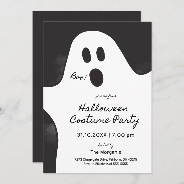 Black & White Ghost Halloween Costume Party Inbjudningar (Fram/baksida)