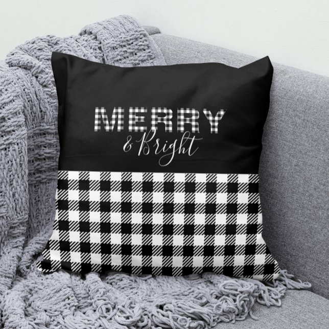 Black & White Gingham Buffalo Check Merry & Bright Kudde (Merry and Bright Gingham / Buffalo Check Pillow in Black and White)