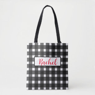 Black White Gingham Personlig Tote Bag Tygkasse