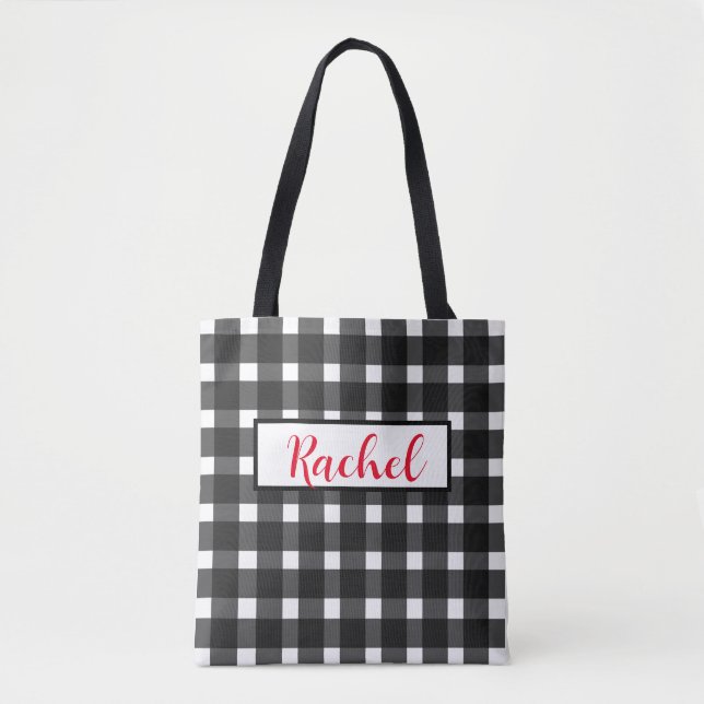 Black White Gingham Personlig Tote Bag Tygkasse (Framsida)