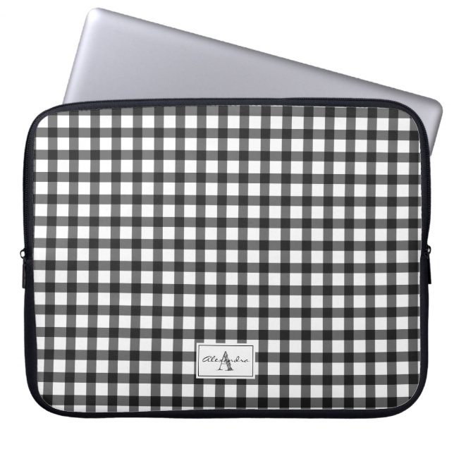Black White Gingham Play Checked Mönster Monogram Laptop Fodral (Framsidan)