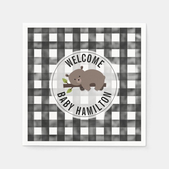 Black + White Gingham Sömnig Bear Baby Shower Pappersservett (Framsidan)