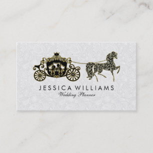 Black White & Glitter Bröllop Horse & Carriage Visitkort