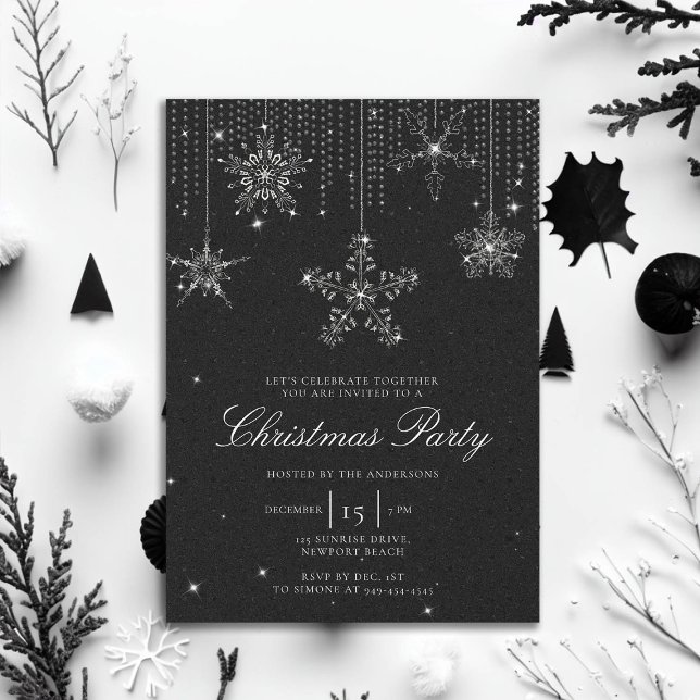 Black White Glitter Drives Snöflingor jul Inbjudningar (rhinestones glitter drips christmas party invitation elegant black white modern minimalist classy)