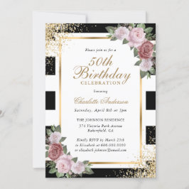 Black White Gold Blush Pink Floral 50th Birthday Inbjudningar