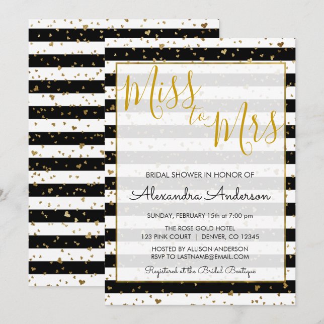 Black & White Gold Foil Miss till Mrs Möhippa Inbjudningar (Fram/baksida)
