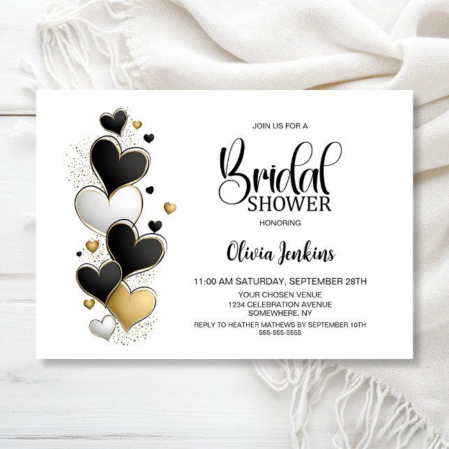 Black White Gold Hearts Bridal Shower Inbjudningar (Skapare uppladdad)