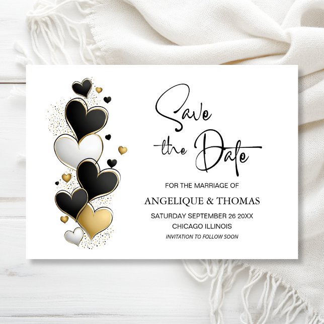 Black White Gold Hearts Wedding Save the Date Spara Datumet (Skapare uppladdad)