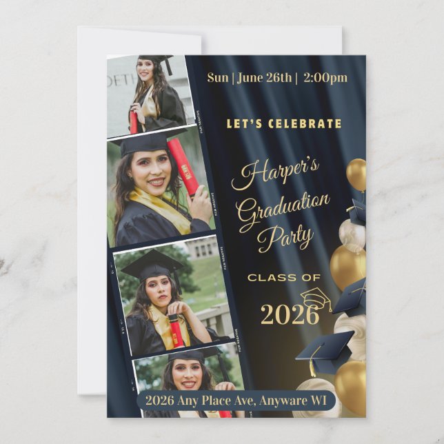 Black White & Gold Photo Graduation Party Invite Inbjudningar (Framsida)