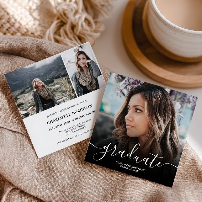 Black white graduate script photo graduation inbjudningar (Black white graduate script photo graduation invitation)