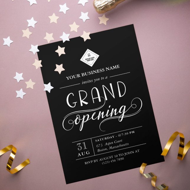 Black & White Grand Open Your Logotyp Inbjudningar (Skapare uppladdad)