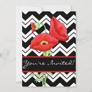 Black White Graphic Chevron ZizZag Red Poppy Black Inbjudningar