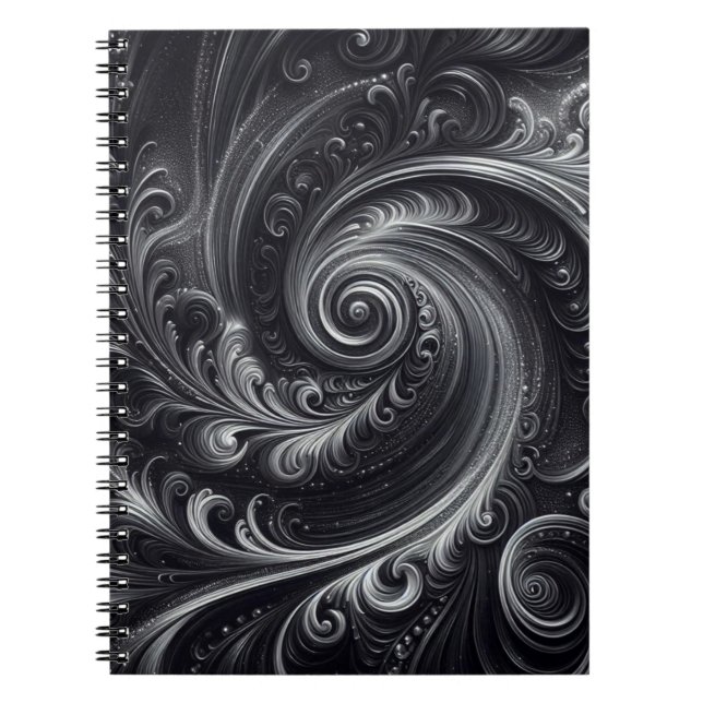 Black White Grått Abstrakt Modern Simple Swirl Anteckningsbok (Framsidan)