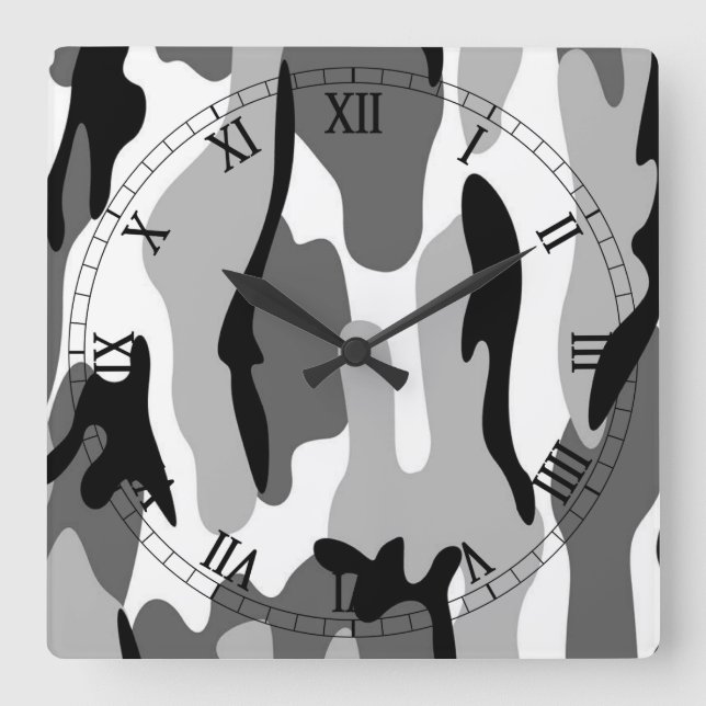 Black White Grått Camouflage Roman Numerals Clock Fyrkantig Klocka (Framsida)