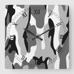 Black White Grått Camouflage Roman Numerals Clock Fyrkantig Klocka
