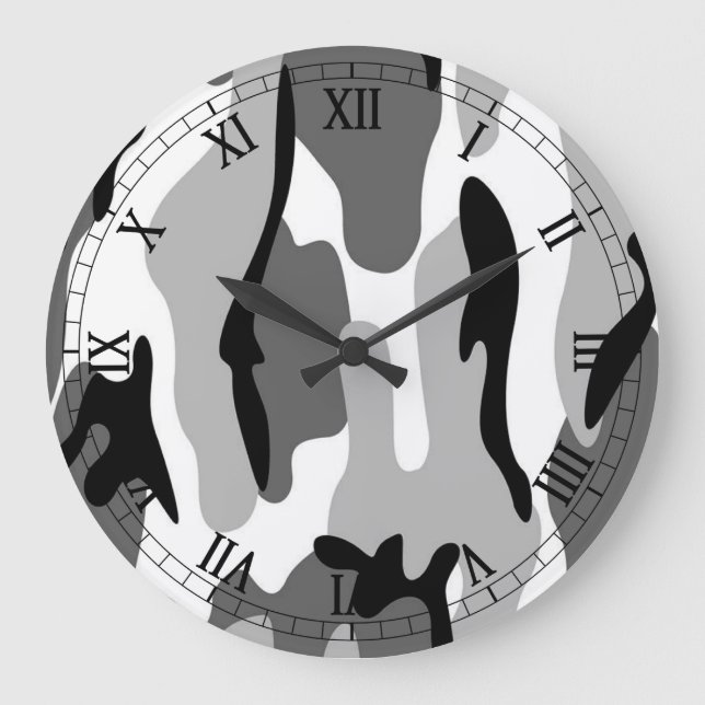 Black White Grått Camouflage Roman Numerals Clock Stor Klocka (Framsida)