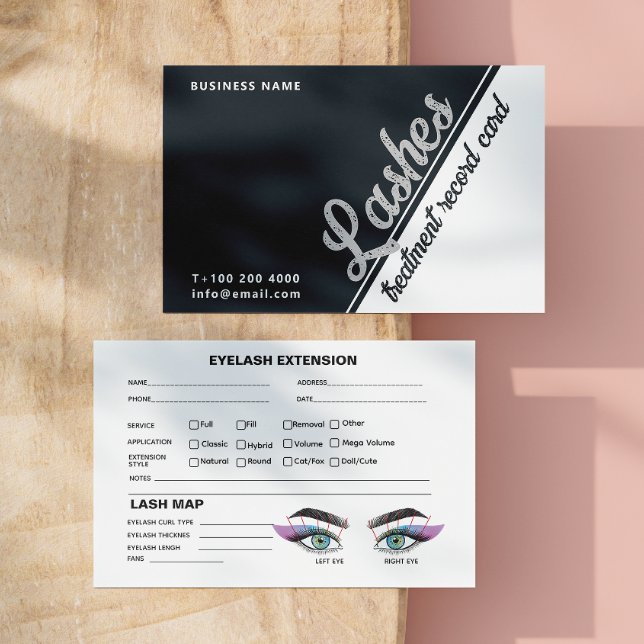 Black White Grått Lash Client Extension Karta Visitkort (Iridescent Blue Lash Record Extension Map Business Card)