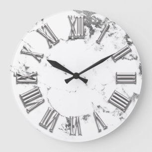 Black White Grått Metall Marble Stone Roman Number Stor Klocka