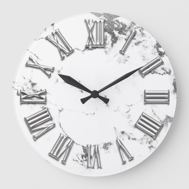 Black White Grått Metall Marble Stone Roman Number Stor Klocka (Framsida)