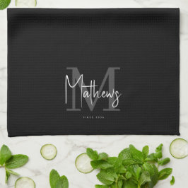Black White Grått Monogram Family Namn Kökshandduk