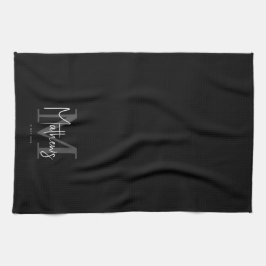 Black White Grått Monogram Family Namn Kökshandduk