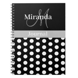 Black White Grått Monogram-skript Polka punkt Anteckningsbok