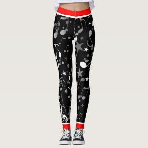 Black White Grått Musik noter and Red Trim on BLAC Leggings