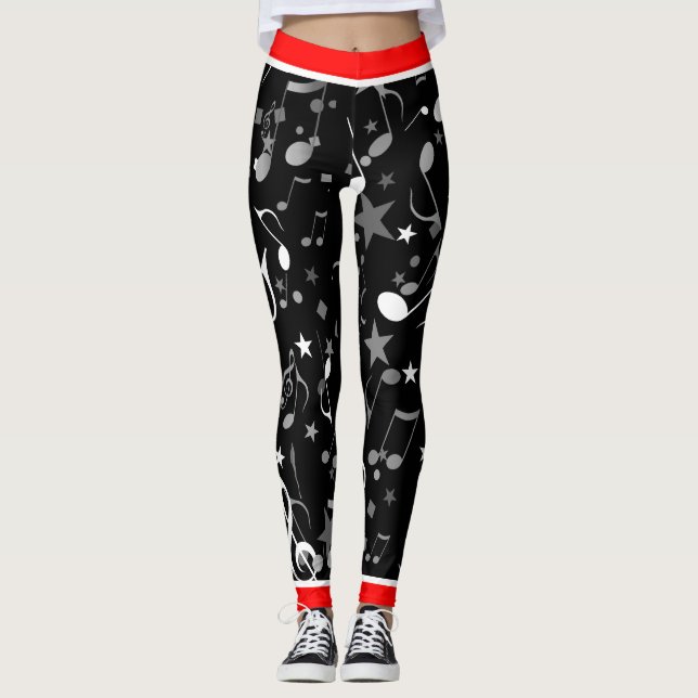 Black White Grått Musik noter and Red Trim on BLAC Leggings (Framsida)