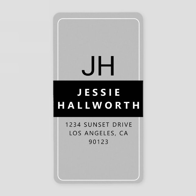 Black White & Grått Snyggt Modern Monogram-etikett Adressetikett (Skapare uppladdad)