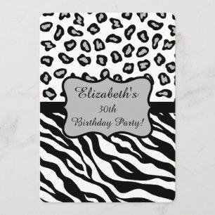 Black White Grått Zebra Leopard Skin 30års födelse Inbjudningar