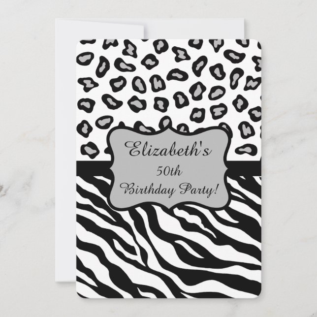 Black White Grått Zebra Leopard Skin 50:e födelsed Inbjudningar (Framsida)