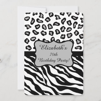 Black White Grått Zebra Leopard Skin 60:e födelsed Inbjudningar