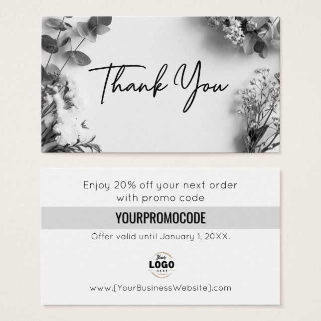 Black White Gray Botanical Thank You Discount Card Visitkort (Framsida & baksida)