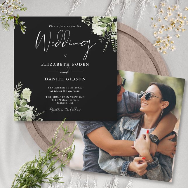 Black White Greenery Blommigt Photo Square Bröllop Inbjudningar (Black White Greenery Floral Photo Square Wedding Invitation)
